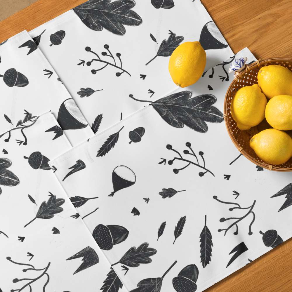 Set of 4 Black and White Placemats – Leaves & Chestnuts Design