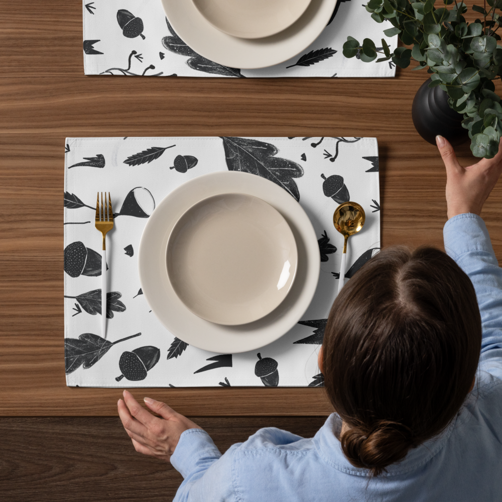 Set of 4 Black and White Placemats – Leaves & Chestnuts Design