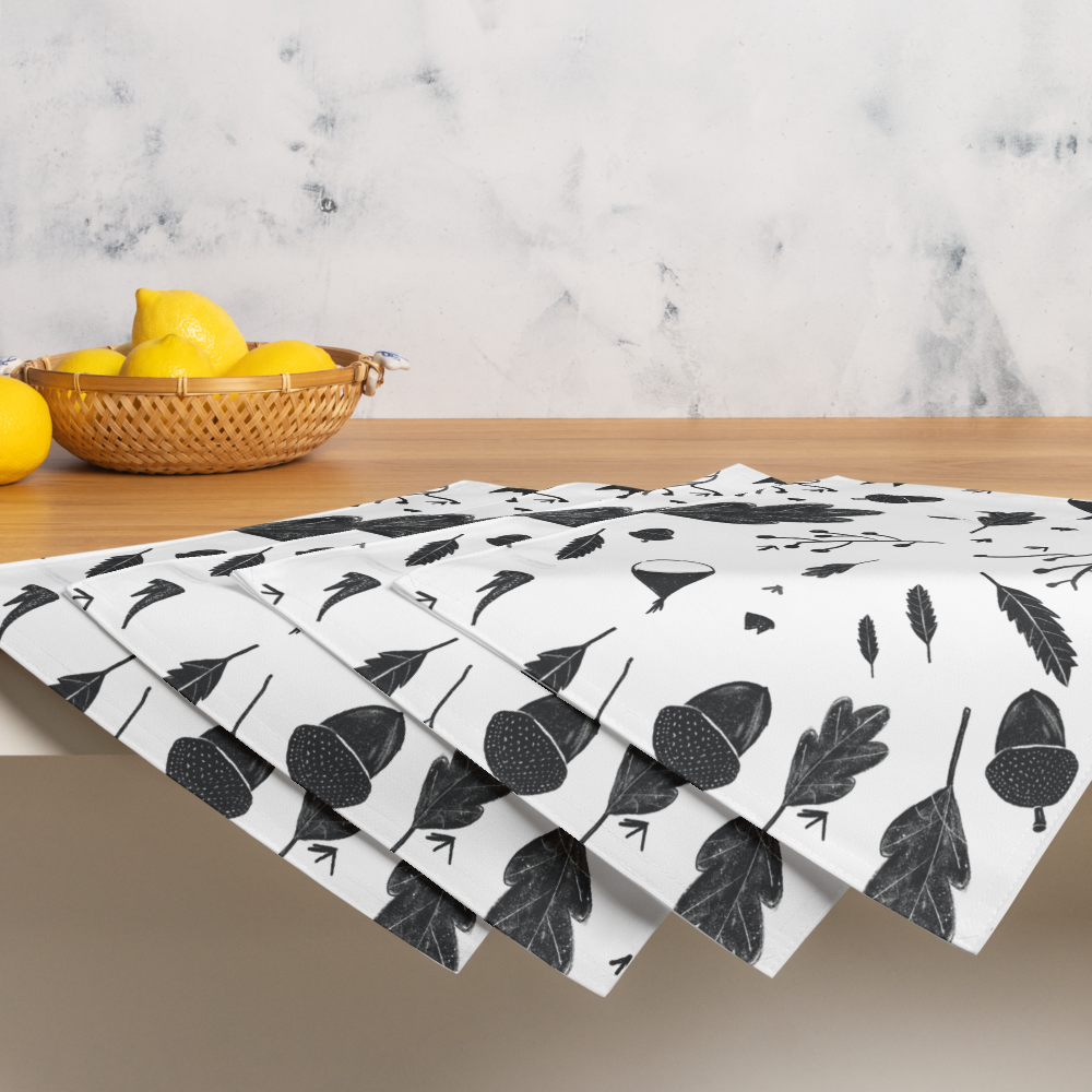 Set of 4 Black and White Placemats – Leaves & Chestnuts Design