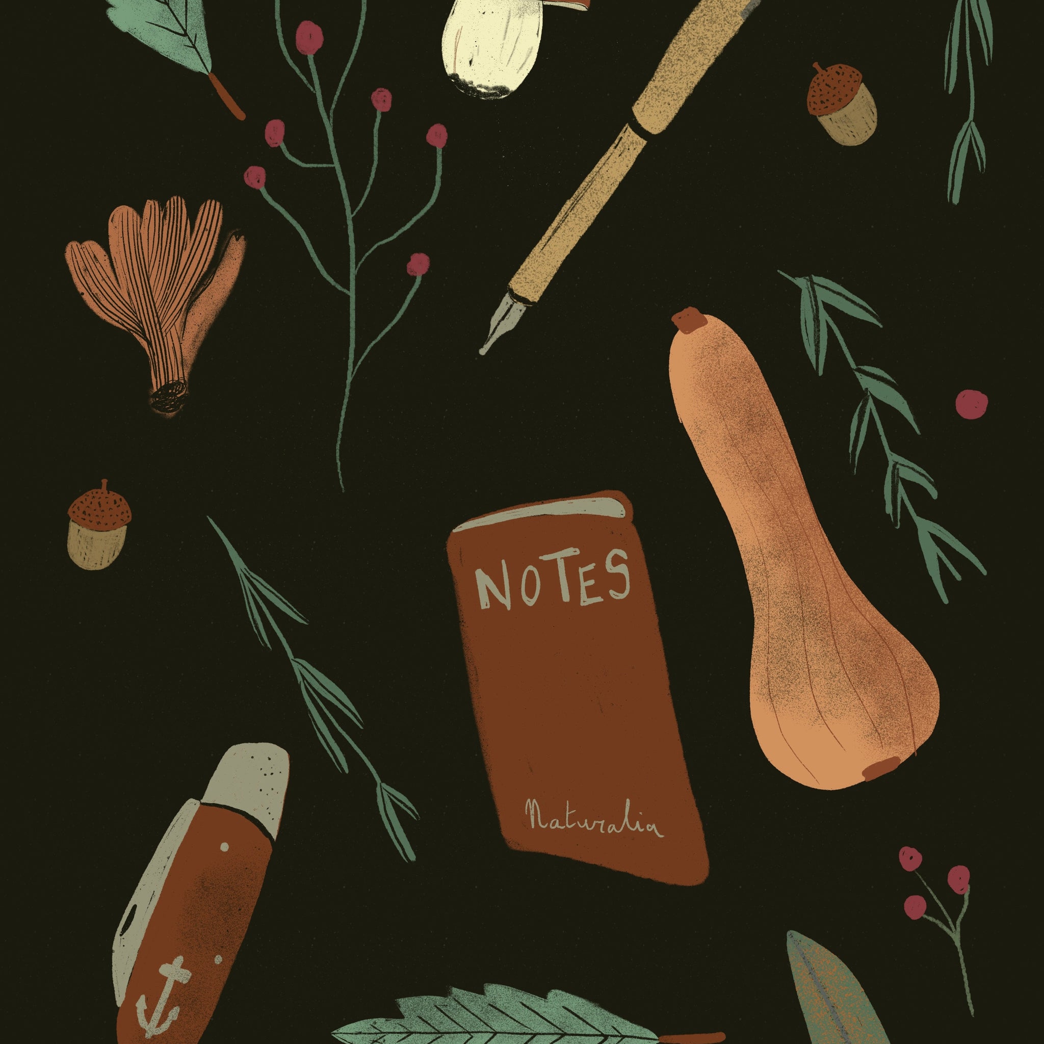 A collections of leaves and other fall inspired objects and vegetables