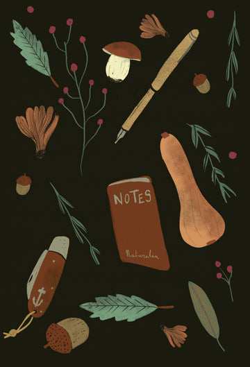 A collections of leaves and other fall inspired objects and vegetables