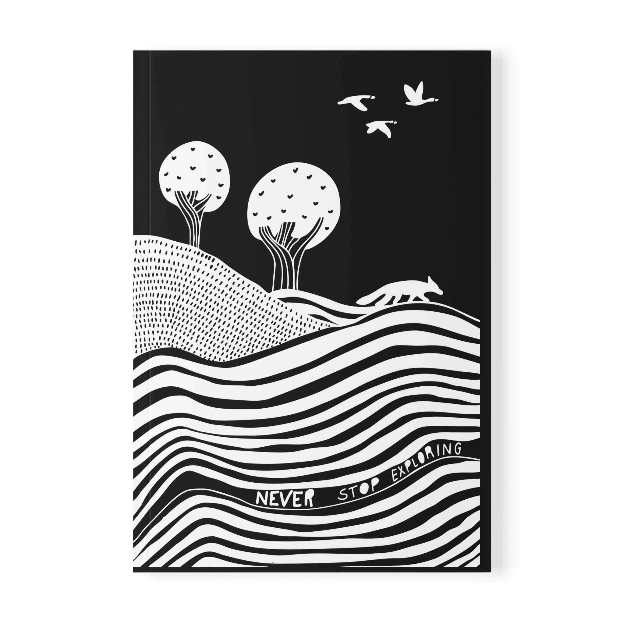 Black and white illustration of a landscape with trees, animals, and wavy lines on a black background.