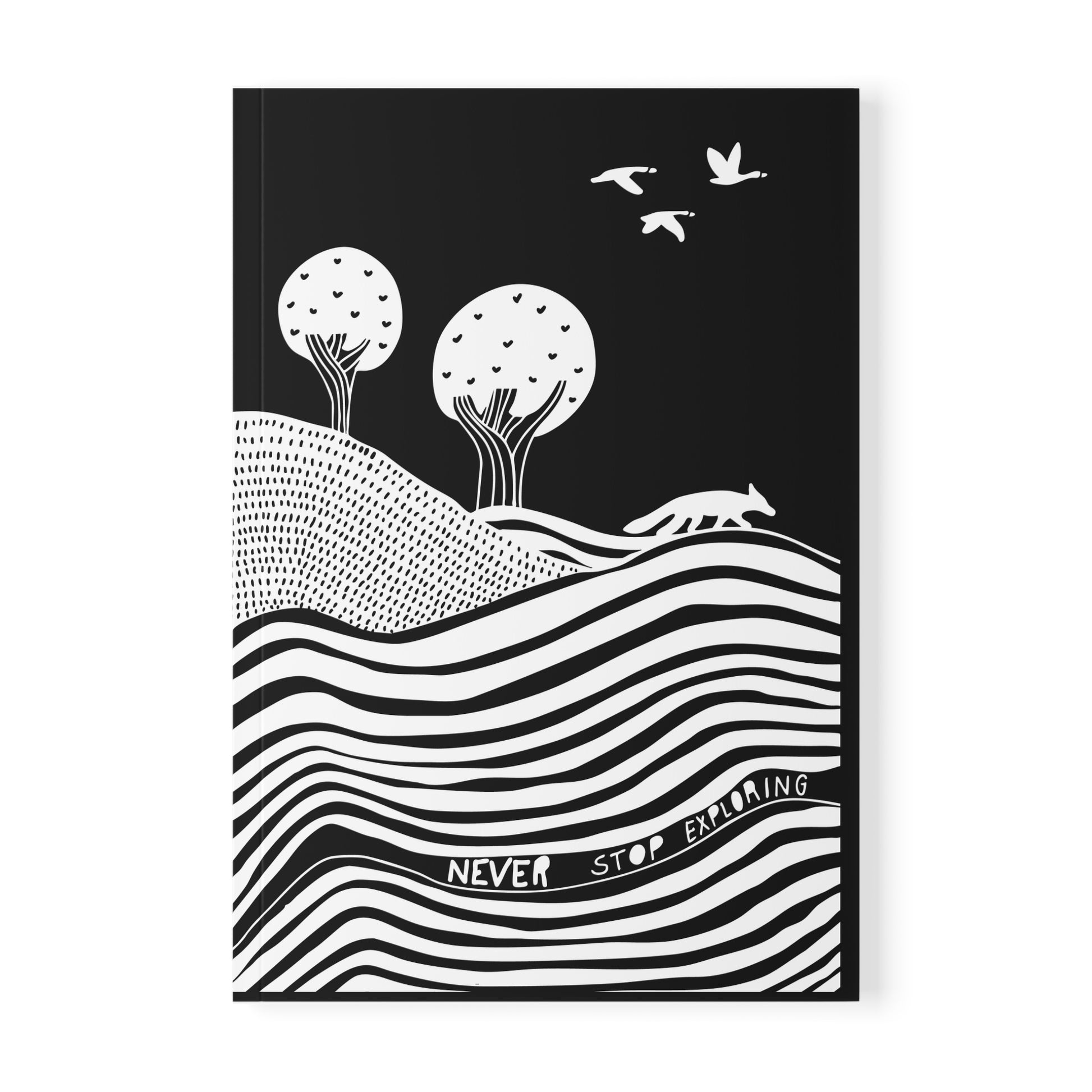 Black and white illustration of a landscape with trees, animals, and wavy lines on a black background.