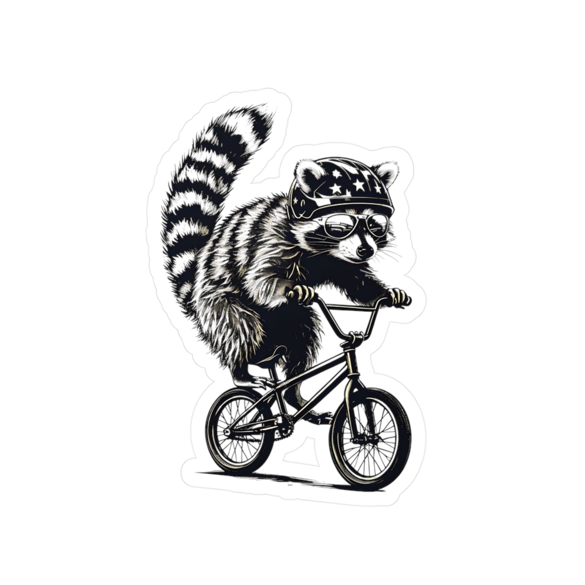 Raccoon riding a bike with an American flag helmet on a white background