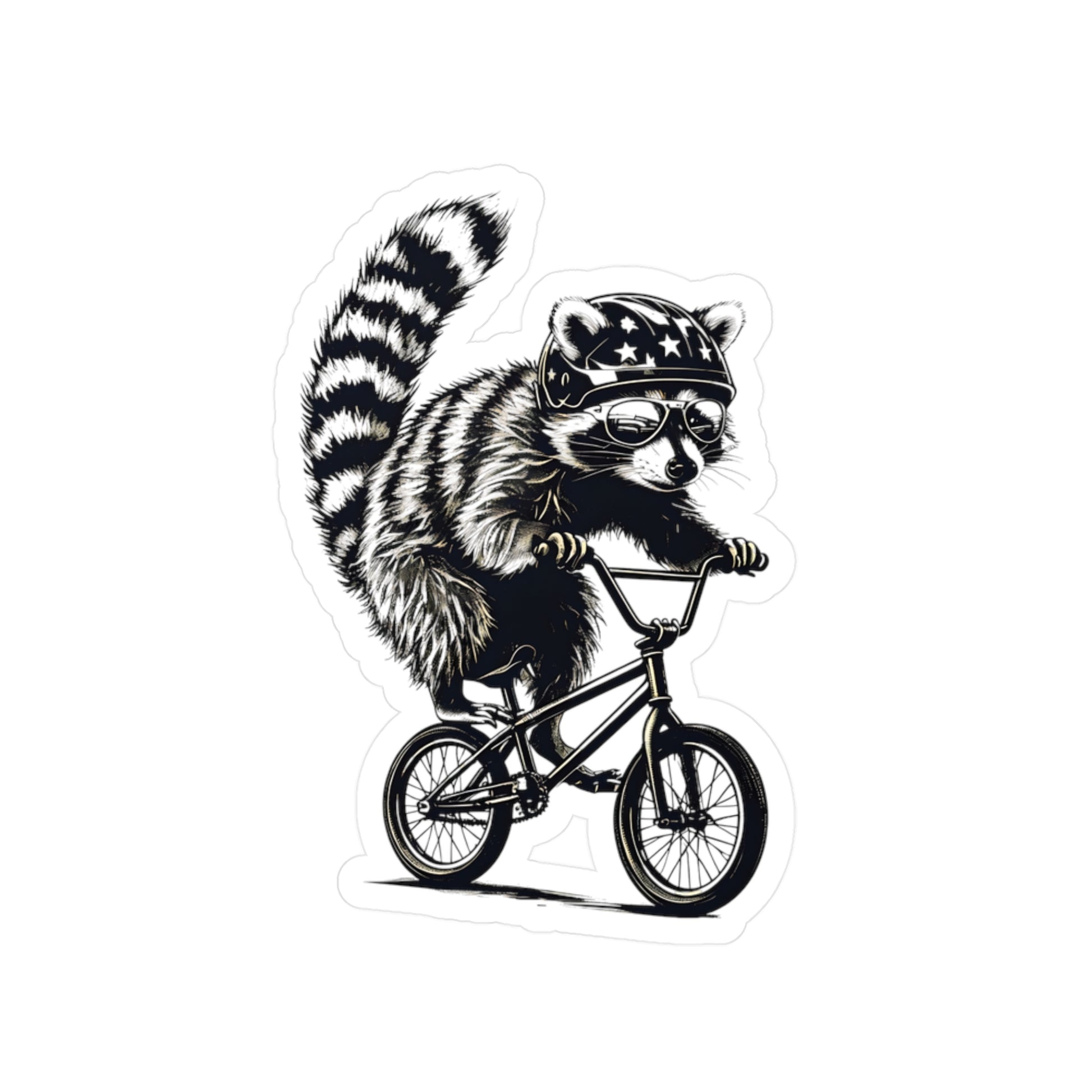 Raccoon riding a bike with an American flag helmet on a white background
