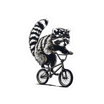 Raccoon riding a bike with an American flag helmet on a white background