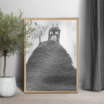 House on the Hill | Black and White Whimsical Landscape Art Print | Digital Download