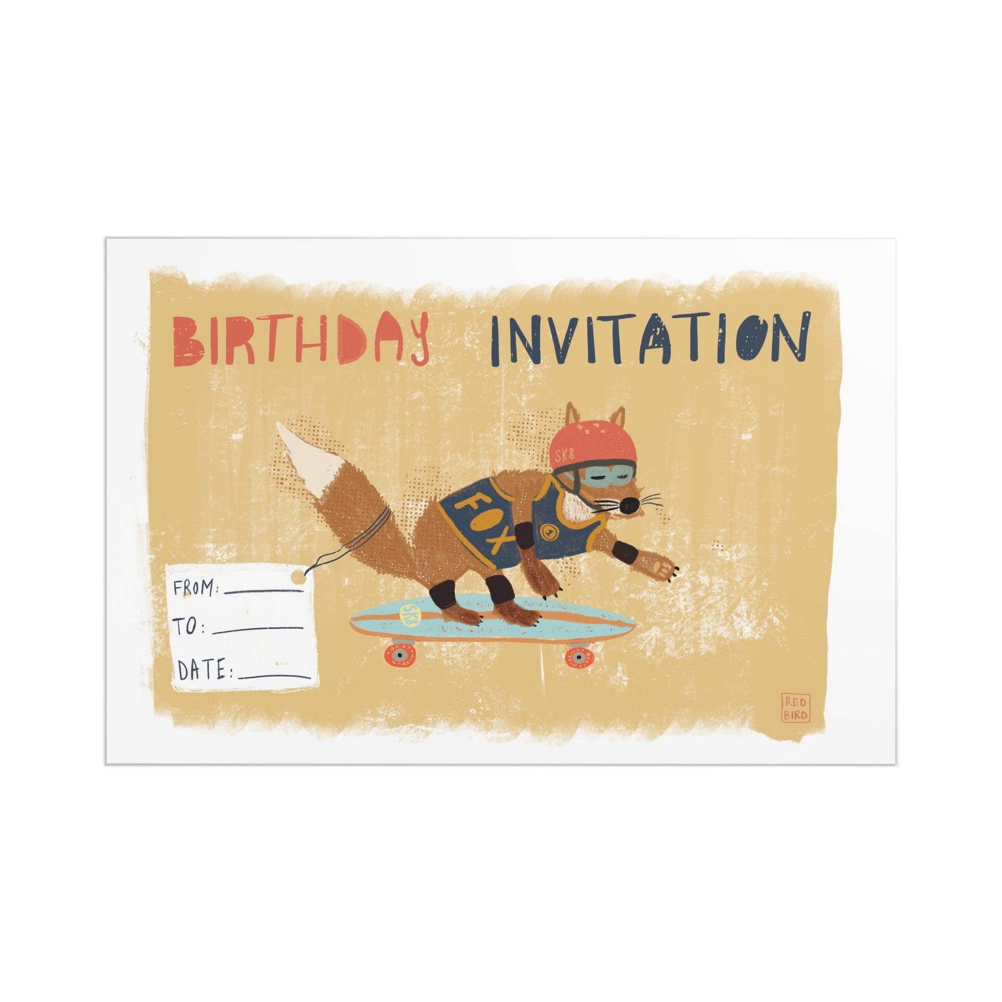 Children's birthday invitation card with cartoon bear and teddy bear design on a beige background.