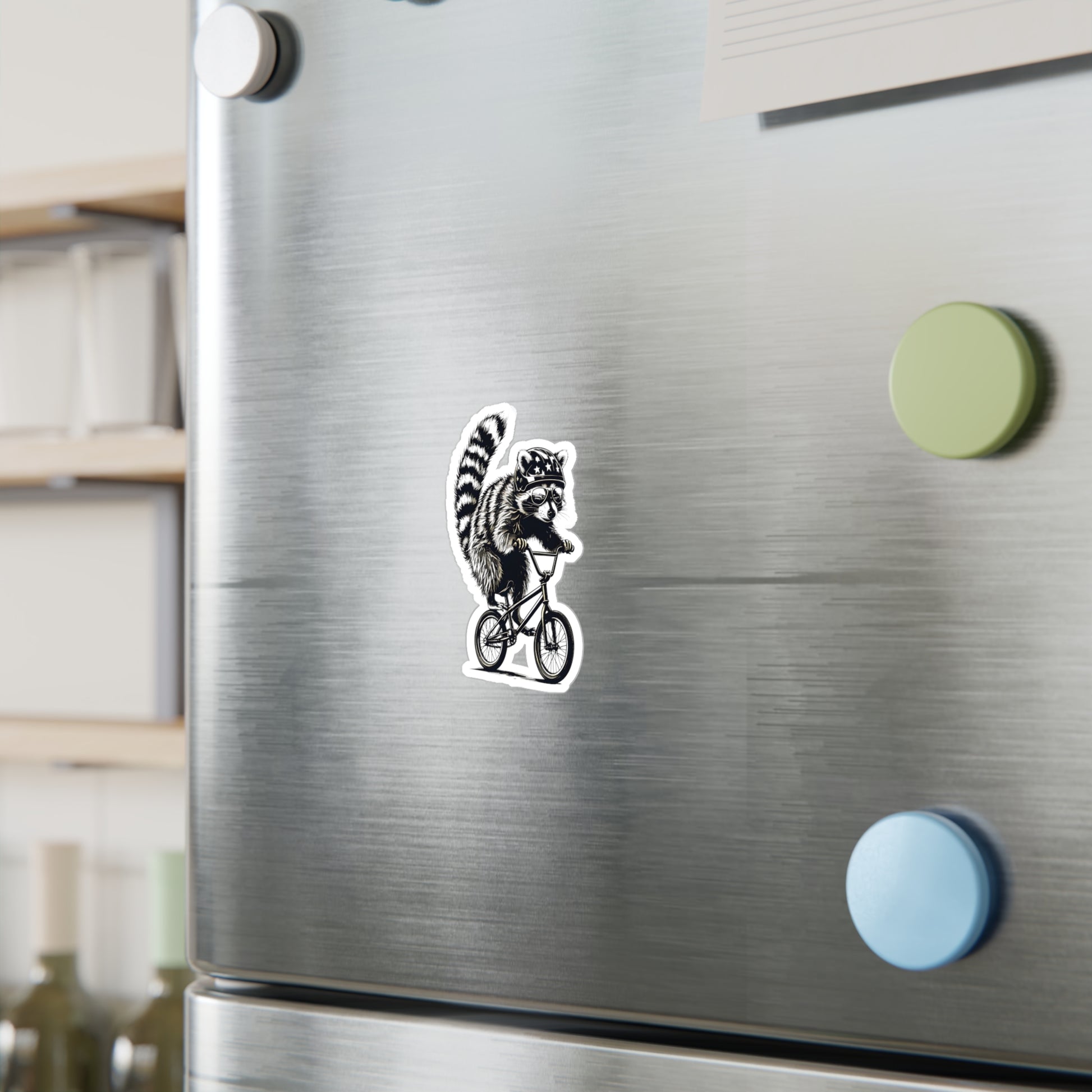 Fridge with a raccoon on a bike decal