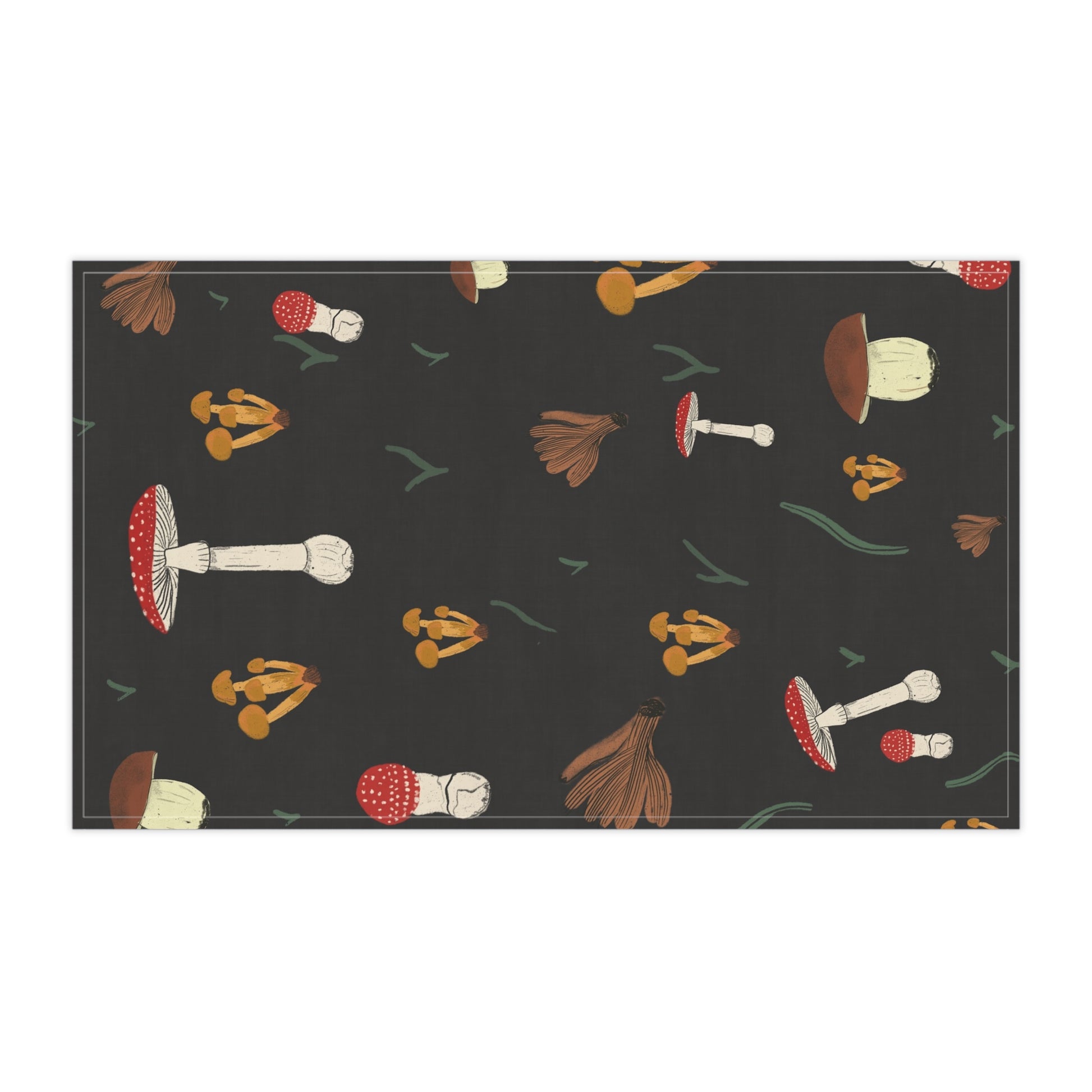 Teatowel with mushroom pattern on a black background