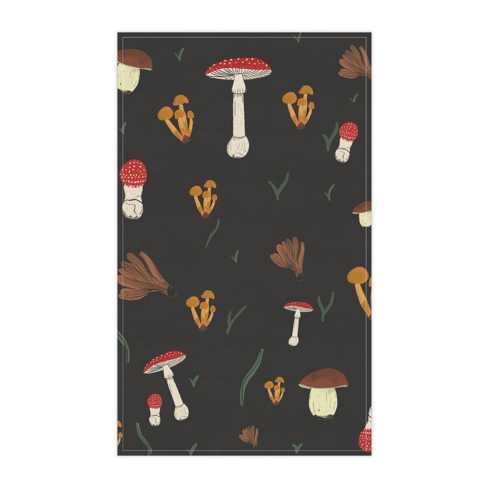Pattern of various mushrooms on a black background.Decorative tea towel