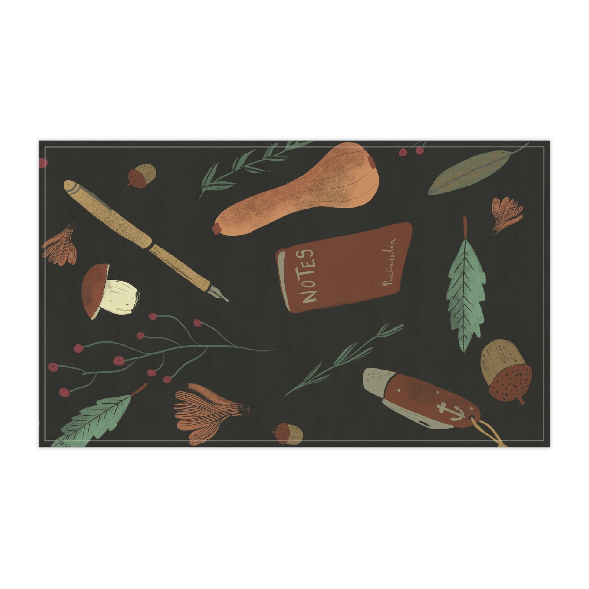 Decorative mat with autumn-themed illustrations on a black background