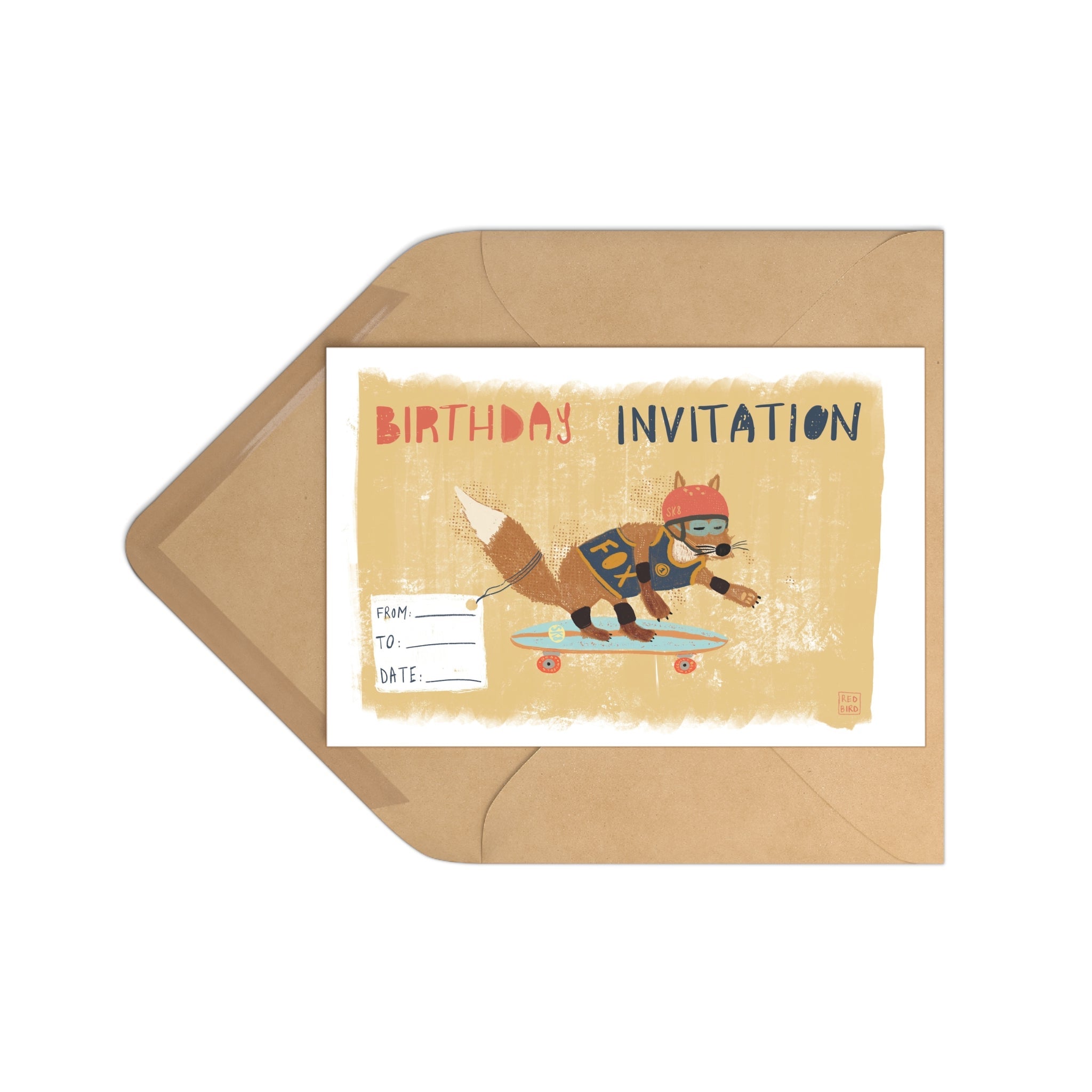 Birthday invitation card with a fox character on a skateboard, inside a brown envelope.