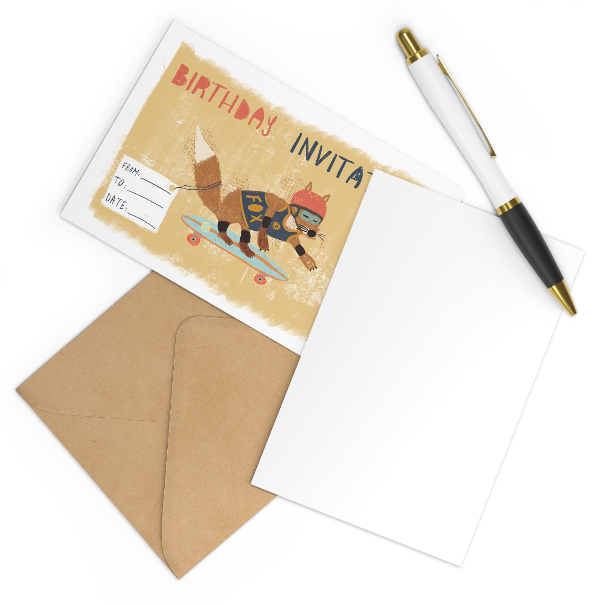 Greeting card with envelope and pen on a white background