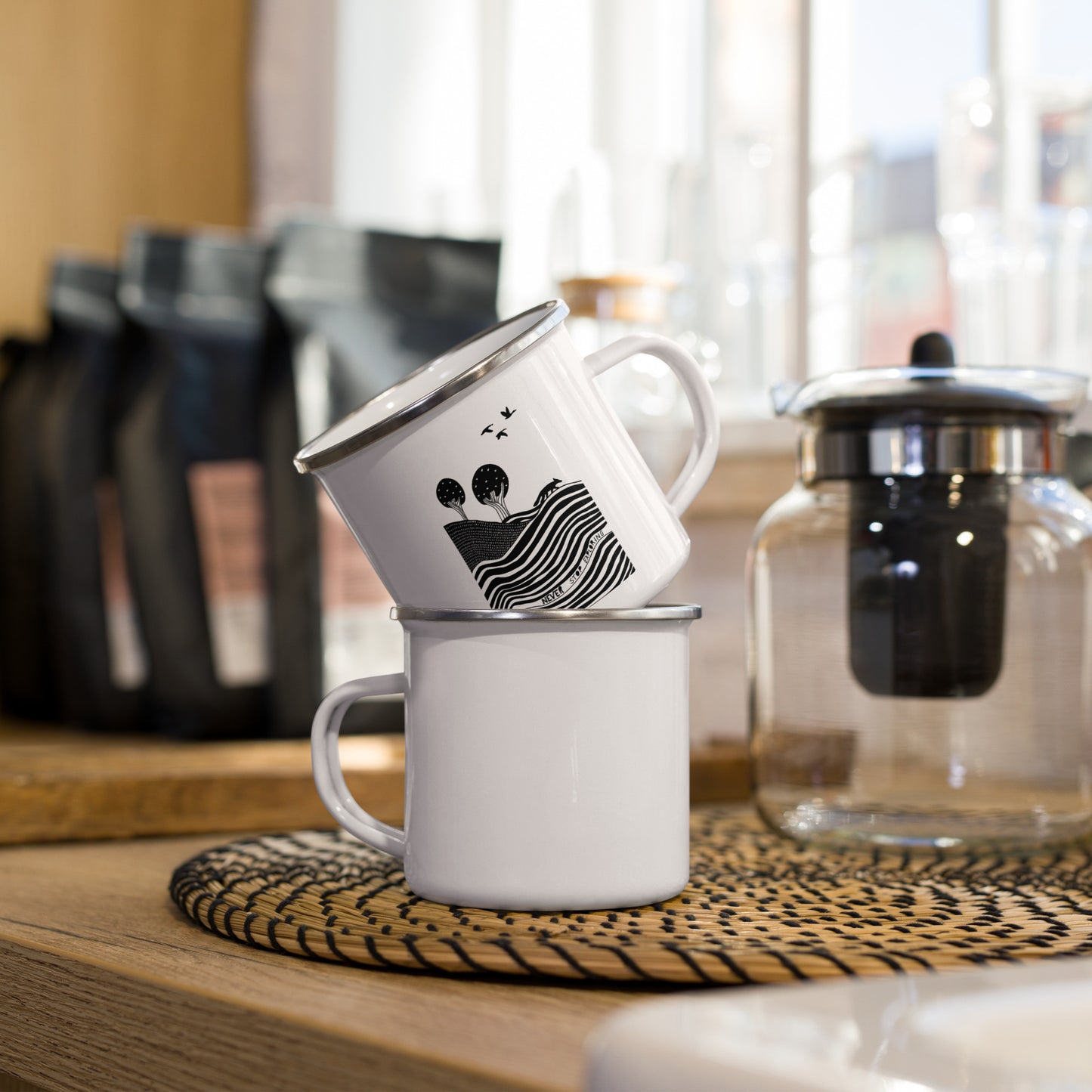 Never stop exloring enamel mug