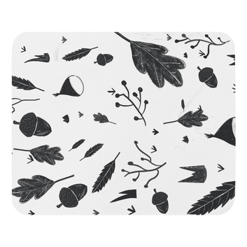 Nature-inspired black and white illustrated mouse pad