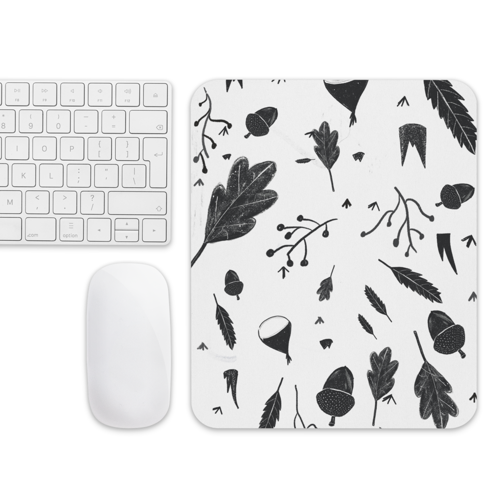 Nature-inspired black and white illustrated mouse pad