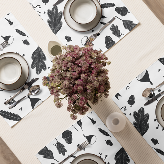 Set of 4 Black and White Placemats – Leaves & Chestnuts Design